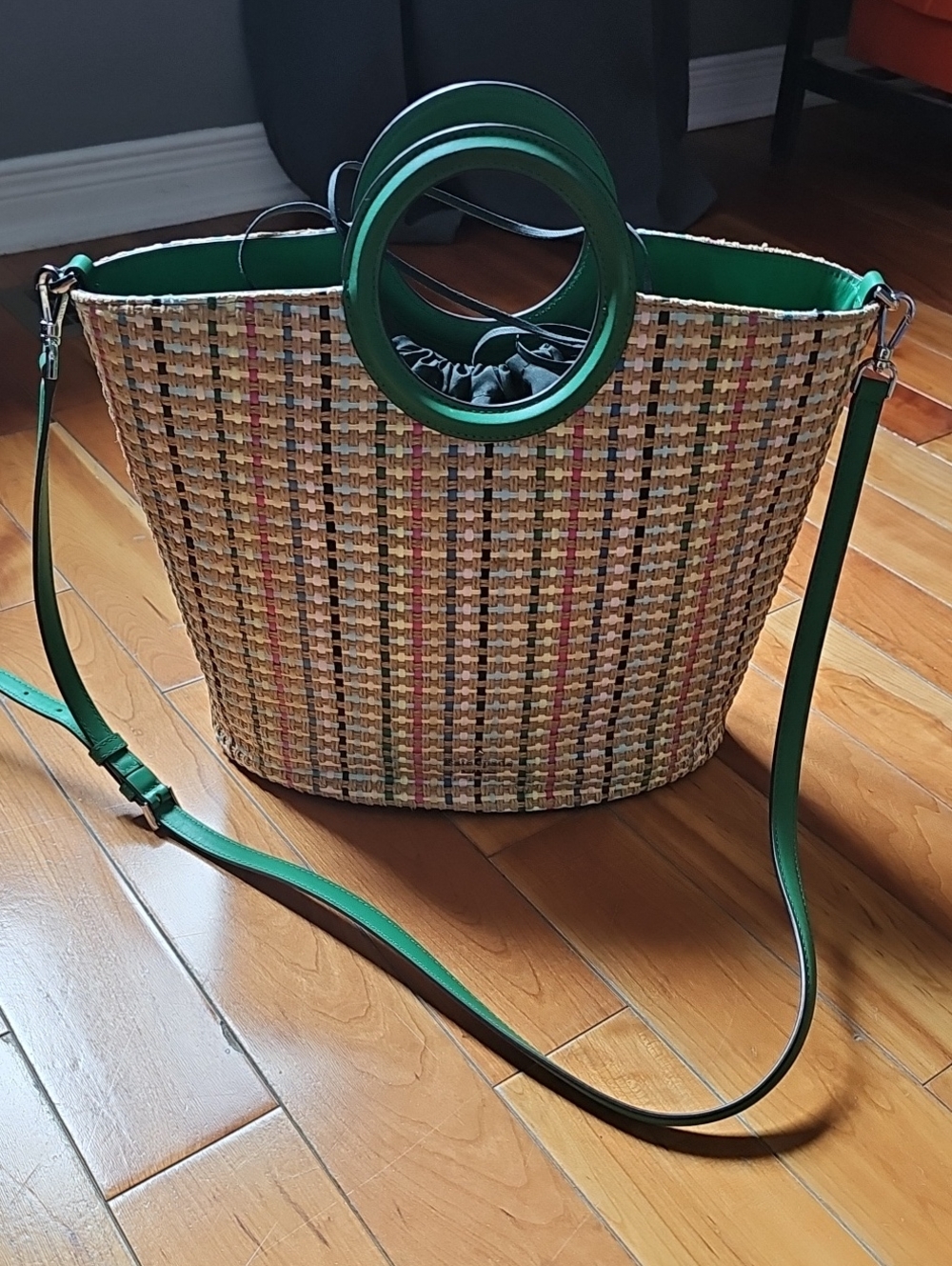 kate spade Woven Straw Tote with Green Trim and Round Handles